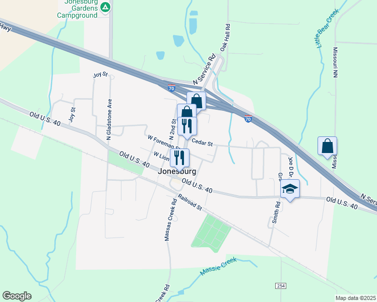 map of restaurants, bars, coffee shops, grocery stores, and more near 106 East Foreman Street in Jonesburg