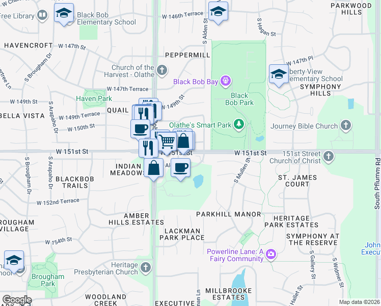 map of restaurants, bars, coffee shops, grocery stores, and more near 14801 151st Street in Olathe