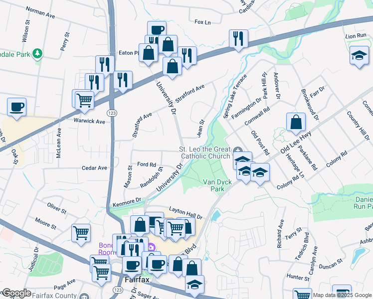 map of restaurants, bars, coffee shops, grocery stores, and more near 3605 University Drive in Fairfax