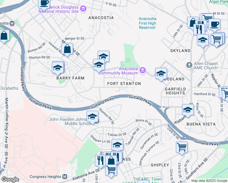 map of restaurants, bars, coffee shops, grocery stores, and more near 1601 Gainesville Street Southeast in Washington