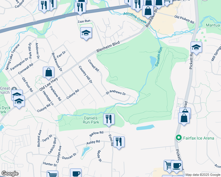 map of restaurants, bars, coffee shops, grocery stores, and more near 9726 Saint Andrews Drive in Fairfax