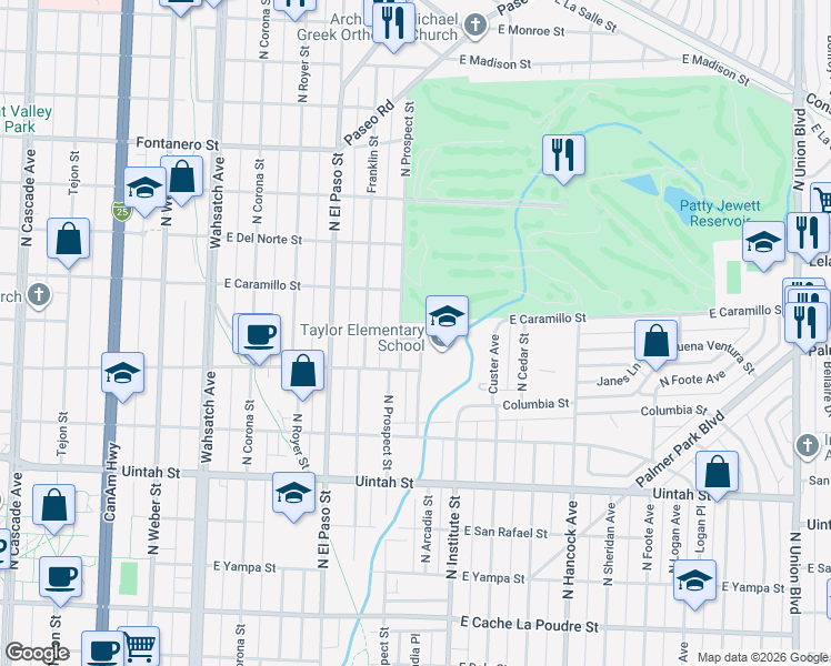 map of restaurants, bars, coffee shops, grocery stores, and more near 842 North Arcadia Street in Colorado Springs