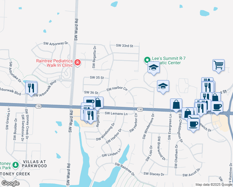 map of restaurants, bars, coffee shops, grocery stores, and more near 3621 Southwest Windsong Place in Lee's Summit