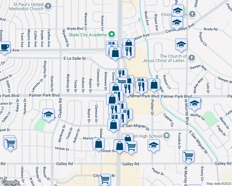 map of restaurants, bars, coffee shops, grocery stores, and more near 3901 Palmer Park Blvd in Colorado Springs