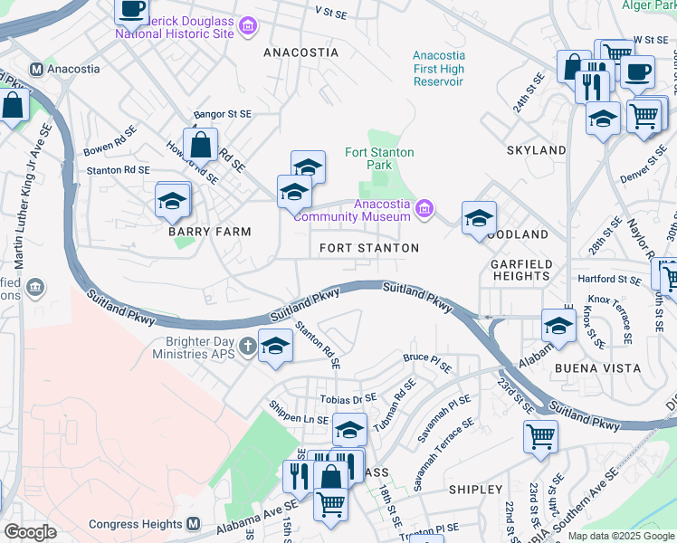 map of restaurants, bars, coffee shops, grocery stores, and more near 1601 Gainesville Street Southeast in Washington