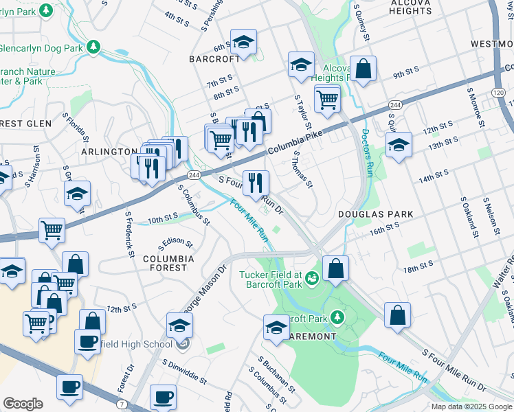 map of restaurants, bars, coffee shops, grocery stores, and more near 4600 South Four Mile Run Drive in Arlington