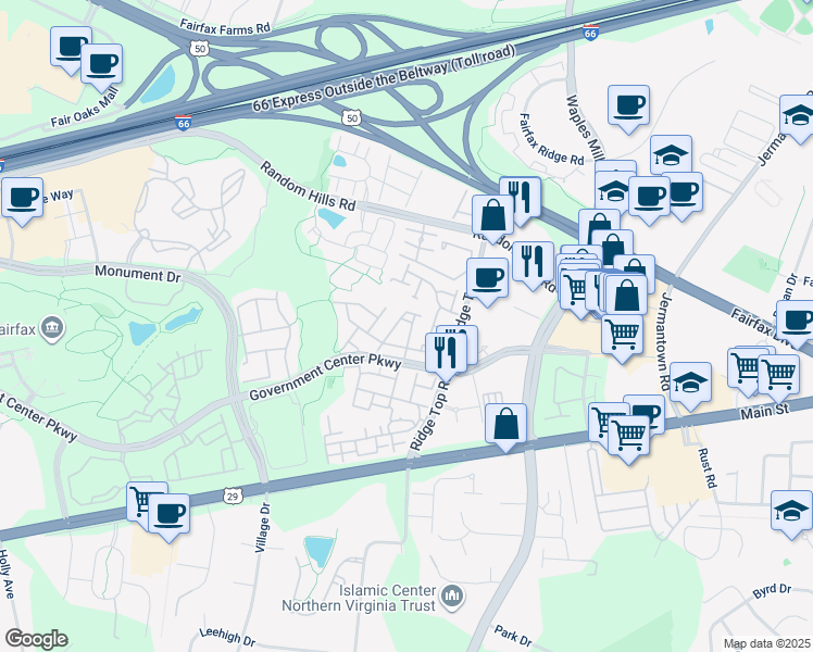 map of restaurants, bars, coffee shops, grocery stores, and more near 11483 Glade Meadow Drive in Fairfax