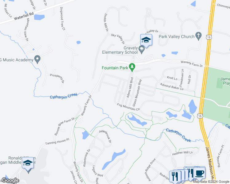 map of restaurants, bars, coffee shops, grocery stores, and more near 15479 Fog Mountain Circle in Haymarket