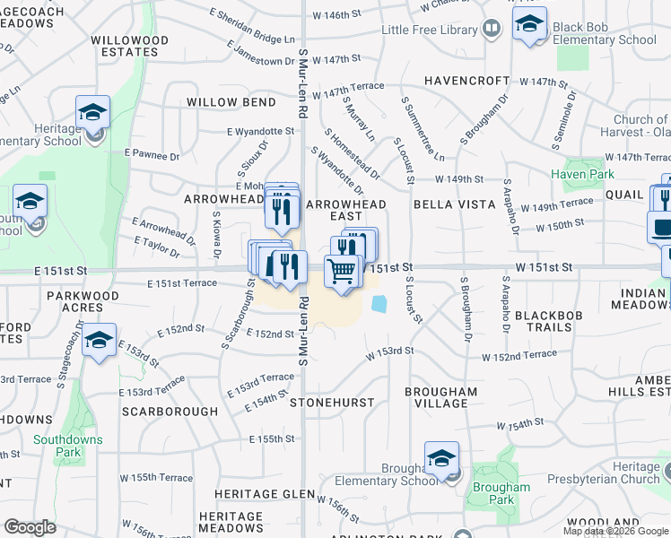 map of restaurants, bars, coffee shops, grocery stores, and more near 16551 East 151st Street in Olathe