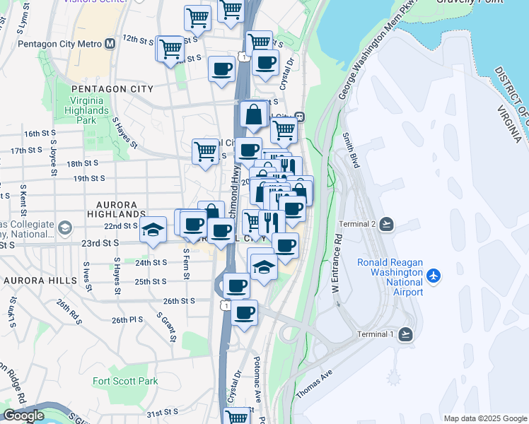 map of restaurants, bars, coffee shops, grocery stores, and more near 2150 Crystal Drive in Arlington