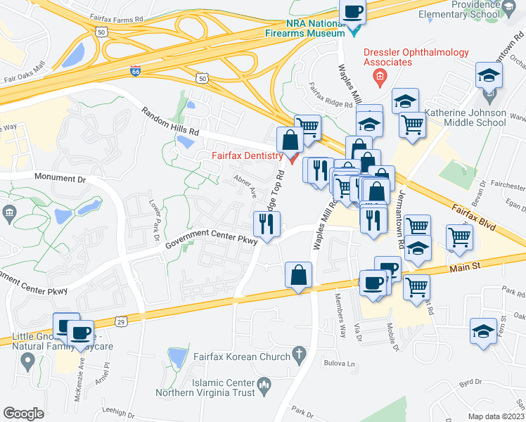 map of restaurants, bars, coffee shops, grocery stores, and more near 11400 Sunflower Lane in Fairfax