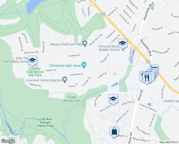 map of restaurants, bars, coffee shops, grocery stores, and more near 14902 Kamputa Drive in Centreville