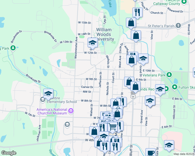 map of restaurants, bars, coffee shops, grocery stores, and more near 207 West 9th Street in Fulton