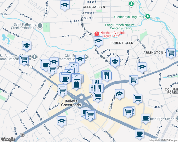 map of restaurants, bars, coffee shops, grocery stores, and more near 3330 Spring Lane in Falls Church