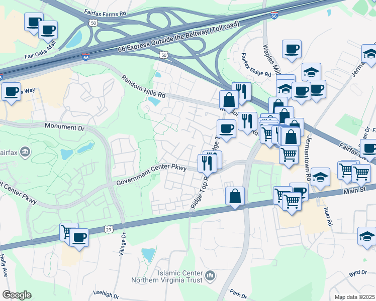 map of restaurants, bars, coffee shops, grocery stores, and more near 11485 Glade Meadow Drive in Fairfax