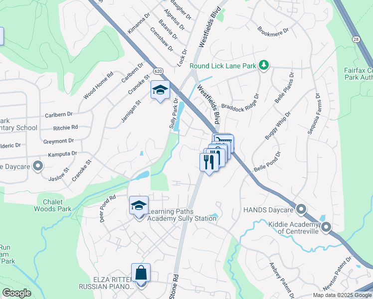 map of restaurants, bars, coffee shops, grocery stores, and more near 14621 Stone Crossing Court in Centreville