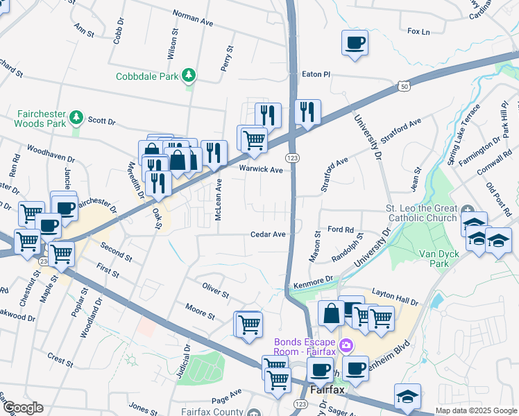 map of restaurants, bars, coffee shops, grocery stores, and more near 10522 Providence Way in Fairfax