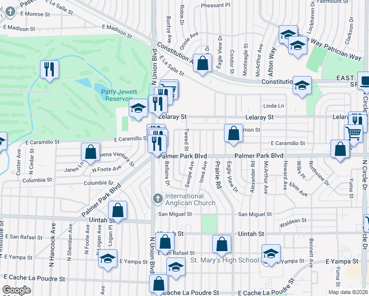 map of restaurants, bars, coffee shops, grocery stores, and more near 1508 Tweed Street in Colorado Springs