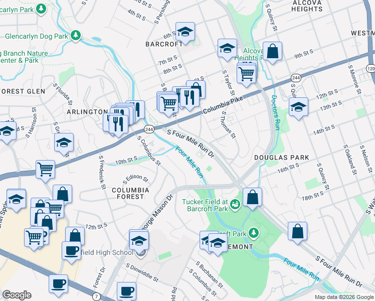 map of restaurants, bars, coffee shops, grocery stores, and more near 4600 S 4 Mile Run Dr in Arlington