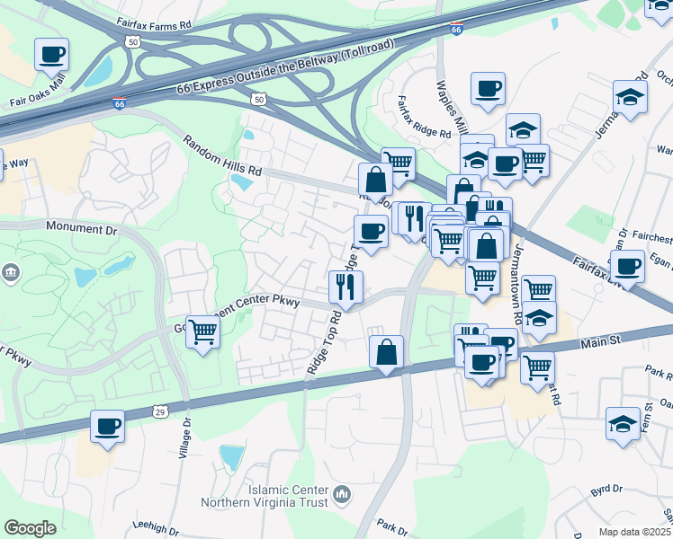 map of restaurants, bars, coffee shops, grocery stores, and more near 11406 Sunflower Lane in Fairfax