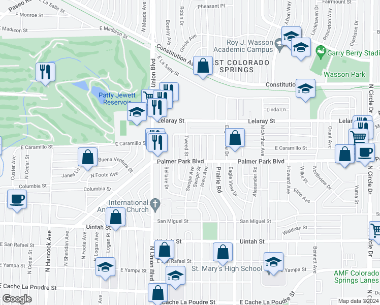 map of restaurants, bars, coffee shops, grocery stores, and more near 1511 Tweed Street in Colorado Springs