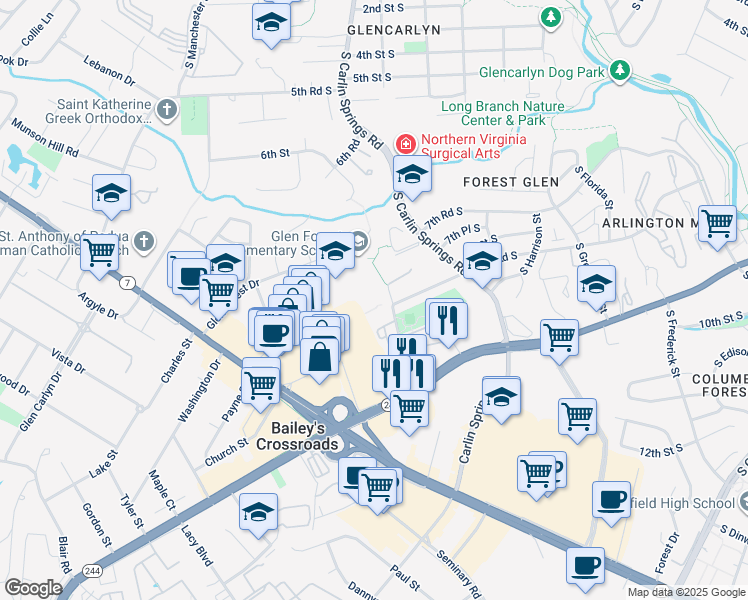 map of restaurants, bars, coffee shops, grocery stores, and more near 3330 Spring Lane in Falls Church