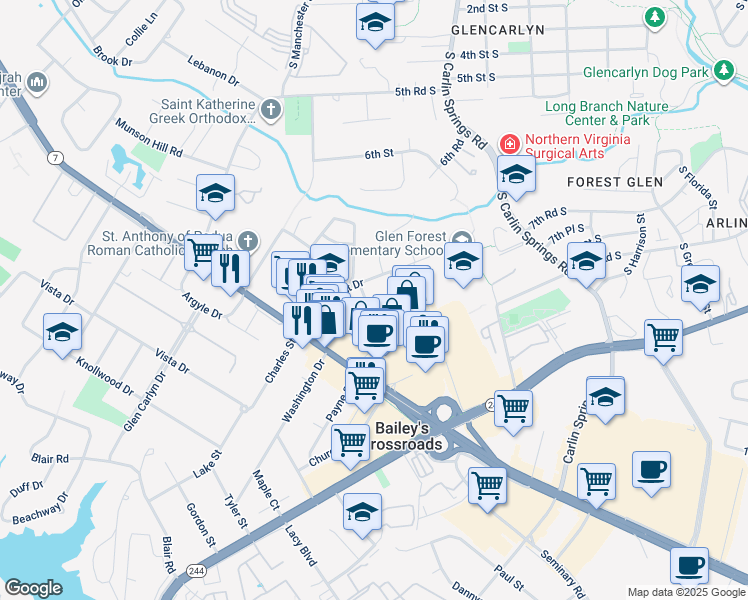 map of restaurants, bars, coffee shops, grocery stores, and more near 3326 Kaywood Drive in Falls Church