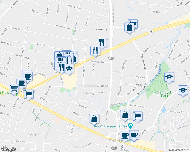 map of restaurants, bars, coffee shops, grocery stores, and more near 10530 Providence Way in Fairfax