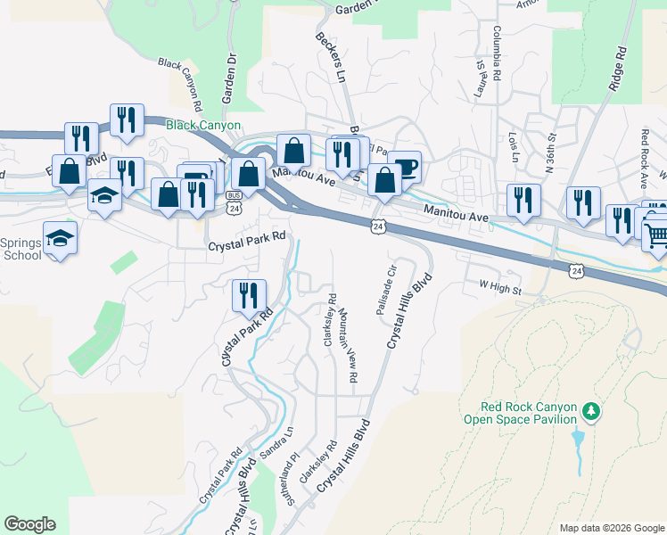 map of restaurants, bars, coffee shops, grocery stores, and more near 141 Clarksley Road in Manitou Springs