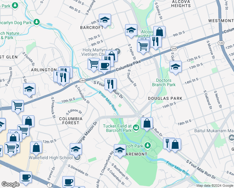 map of restaurants, bars, coffee shops, grocery stores, and more near 4600 South Four Mile Run Drive in Arlington