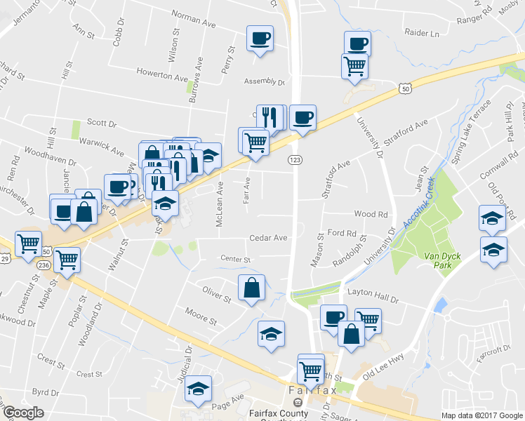 map of restaurants, bars, coffee shops, grocery stores, and more near 10522 Providence Way in Fairfax
