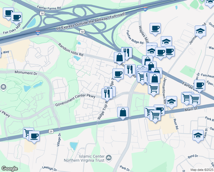 map of restaurants, bars, coffee shops, grocery stores, and more near 11406 Sunflower Lane in Fairfax