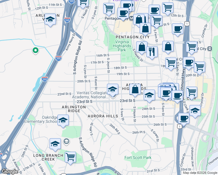 map of restaurants, bars, coffee shops, grocery stores, and more near 21st Street South in Arlington
