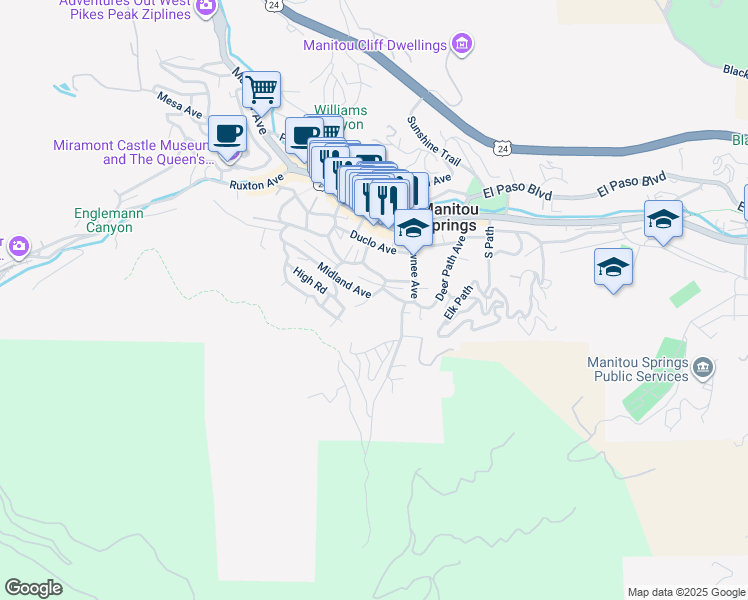 map of restaurants, bars, coffee shops, grocery stores, and more near 803 Shoshone Place in Manitou Springs