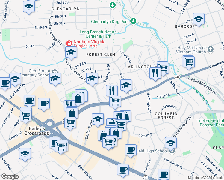 map of restaurants, bars, coffee shops, grocery stores, and more near 5539 Columbia Pike in Arlington