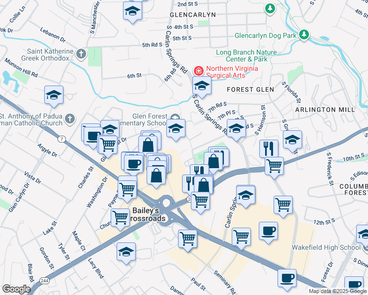 map of restaurants, bars, coffee shops, grocery stores, and more near 3330 Spring Lane in Falls Church