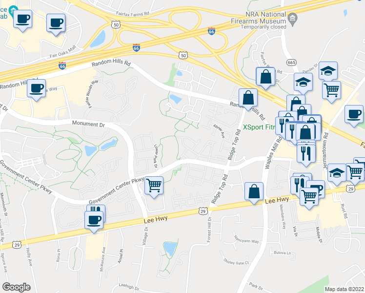 map of restaurants, bars, coffee shops, grocery stores, and more near 4116 Fairfax Center Creek Drive in Fairfax