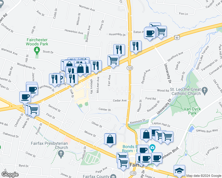 map of restaurants, bars, coffee shops, grocery stores, and more near 10530 Providence Way in Fairfax