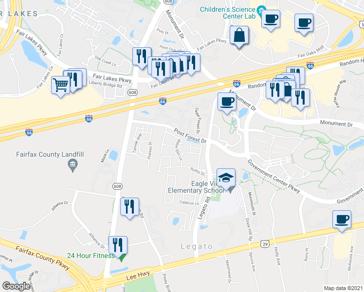 map of restaurants, bars, coffee shops, grocery stores, and more near 12213 Silver Cypress Terrace in Fairfax