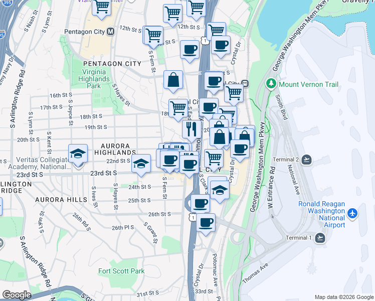 map of restaurants, bars, coffee shops, grocery stores, and more near South Eads Street in Arlington