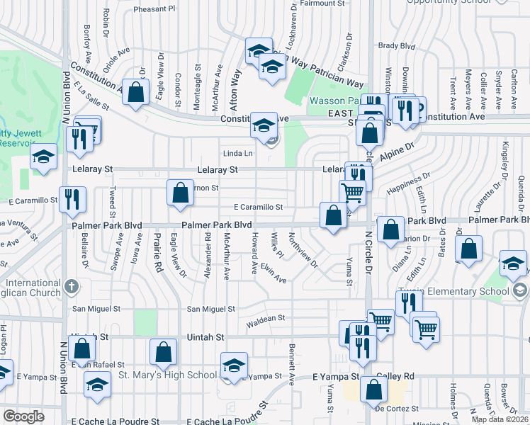 map of restaurants, bars, coffee shops, grocery stores, and more near 2542 Palmer Park Boulevard in Colorado Springs