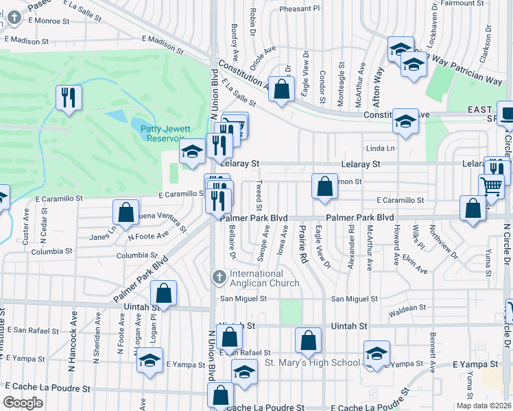 map of restaurants, bars, coffee shops, grocery stores, and more near 1508 Tweed Street in Colorado Springs