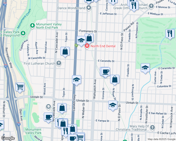 map of restaurants, bars, coffee shops, grocery stores, and more near 1421 North Weber Street in Colorado Springs