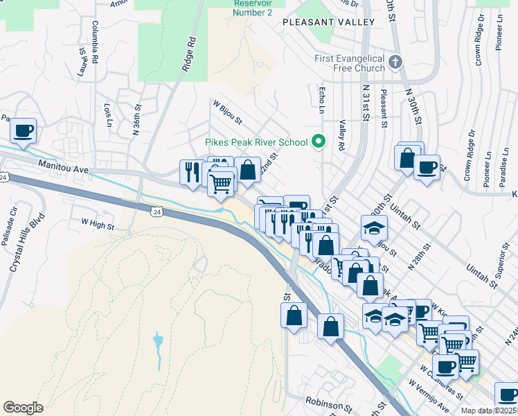 map of restaurants, bars, coffee shops, grocery stores, and more near 3150 Colorado Avenue in Colorado Springs