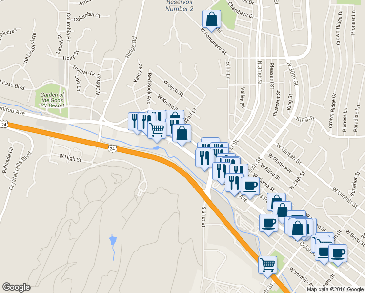 map of restaurants, bars, coffee shops, grocery stores, and more near 3150 Colorado Avenue in Colorado Springs