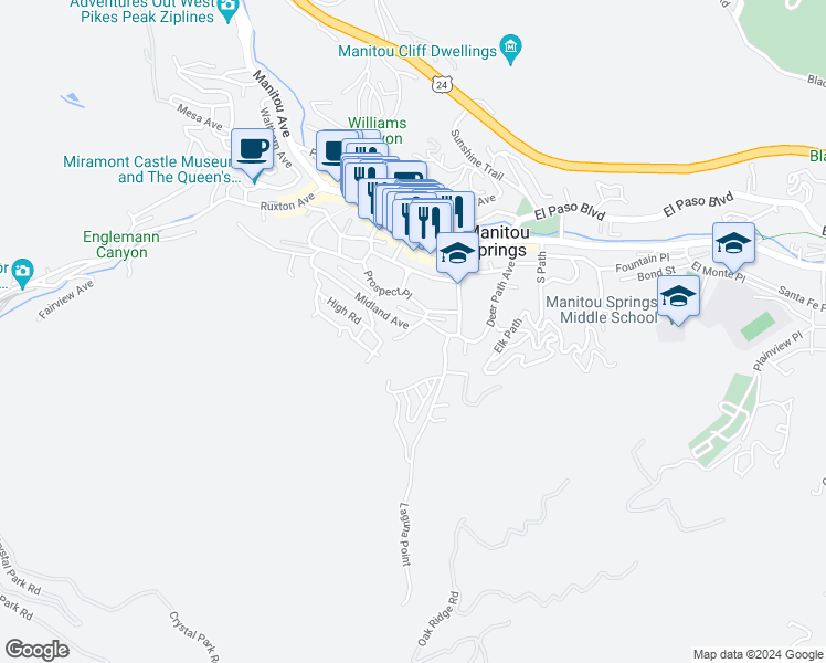 map of restaurants, bars, coffee shops, grocery stores, and more near 803 Shoshone Place in Manitou Springs