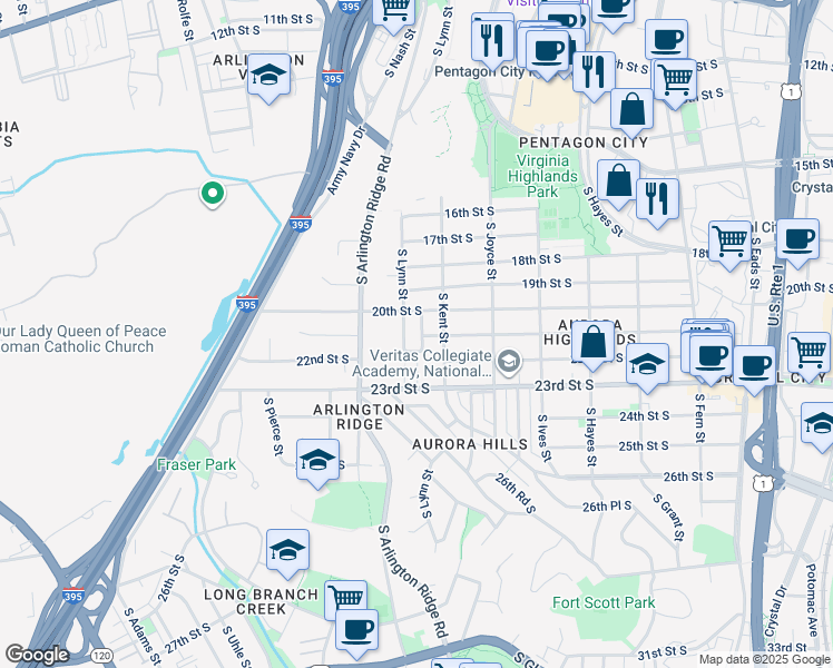 map of restaurants, bars, coffee shops, grocery stores, and more near 2112 South Knoll Street in Arlington