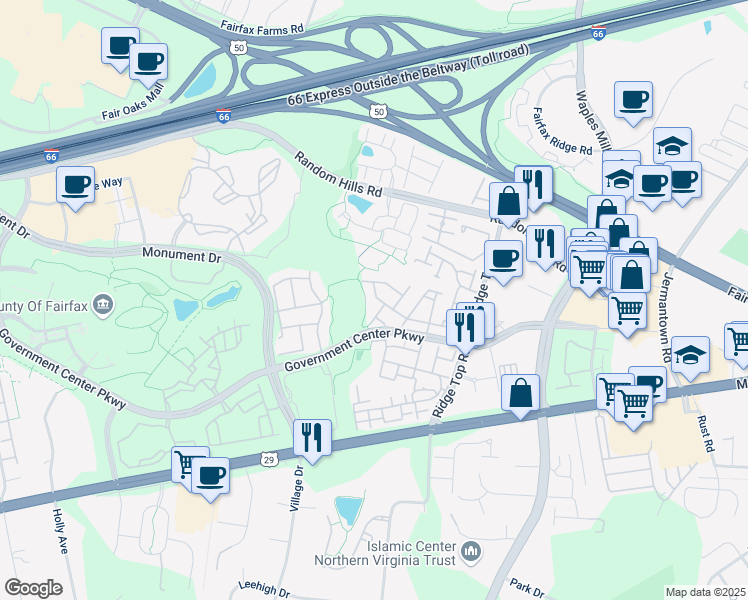 map of restaurants, bars, coffee shops, grocery stores, and more near 4116 Fairfax Center Creek Drive in Fairfax
