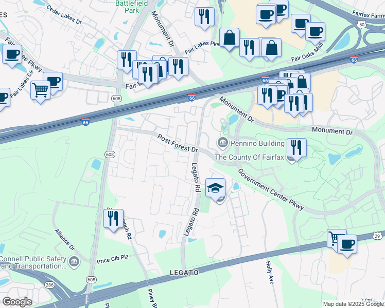 map of restaurants, bars, coffee shops, grocery stores, and more near 4401 Weatherington Lane in Fairfax