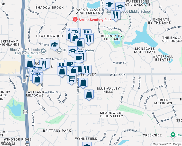 map of restaurants, bars, coffee shops, grocery stores, and more near 6860 West 151st Street in Overland Park
